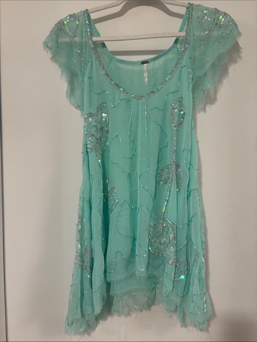 Free People Mint Embroidered Sequin Floral Top